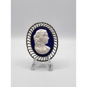 Vintage Blue White Cameo Brooch Oval Openwork Frame 2 In